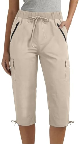 Celanisai Pantaloni da donna a 3/4, pantaloni cargo Petite, estivi, a tre quarti, tasche con coulisse, elastico in vita, per ragazzi e ragazze, sportivi, leggeri, pantaloni estivi, O beige., S