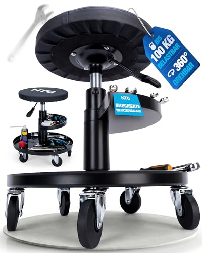 NTG Sgabello a rotelle regolabile in altezza fino a 55 cm, sgabello da officina fino a 100 kg con 5 ruote e vassoio portaoggetti, sgabello girevole da officina, sgabello da montaggio con imbottitura