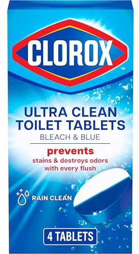 Clorox Ultra Clean Toilet Tablets Bleach & Blue, Rain Clean Scent, 2.47 Ounces Each, 4 Count (Package May Vary)