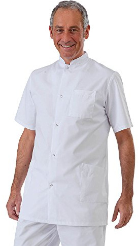 Hurry Jump Label Blouse Tunique médicale Homme col Officier 3 Poches Fermeture Pressions Sergé 210 gramme Couleurs Blanc Pressions inoxydables Lavage Machine 90 degrés ou Industriel T2-40/42
