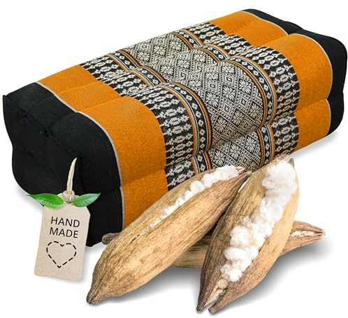 livasia block yoga cushion square-cut - 7x13x5″ - Meditation cushion kapok, Rectangular bolster support cushion, Yoga Pilates accessory neck cushion, Thai cushion firm hand made (Black/Orange)