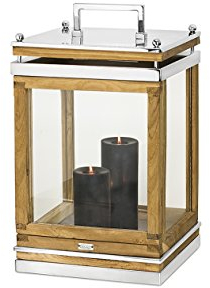 EDZARD Laterne „Huntsville“ aus Holz und Edelstahl, Höhe 49 cm, Windlicht mit Henkel
