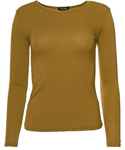 Easy Young Fashion - Damen Basic Rundhals Shirt - Langarm Unterziehshirt - Skinny Fit 1093 - Curry L