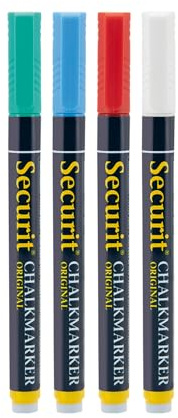 SECURIT - Lot de 4 Marqueurs à Craie Liquide - Pour Surfaces Non Poreuses (Tableau Noir, Verre, Métal, Miroir) - Pointe Fine 1-2 mm - 4 Couleurs (Blanc, Vert, Rouge, Bleu)