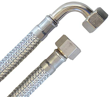 Tubo corazzato 3/8ÜM x 3/8ÜM Curva, Tubo flessibile DN8 per Sanitario con Licenza acqua potabile - 20cm / 200mm