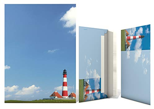 Dirxbuschinger Writing Paper Stationery Set with Westerhever Lighthouse Motif, 40 Pieces Includes 20 Sheets of Paper + 20 Envelopes, Multicolor, A4, DIN Long