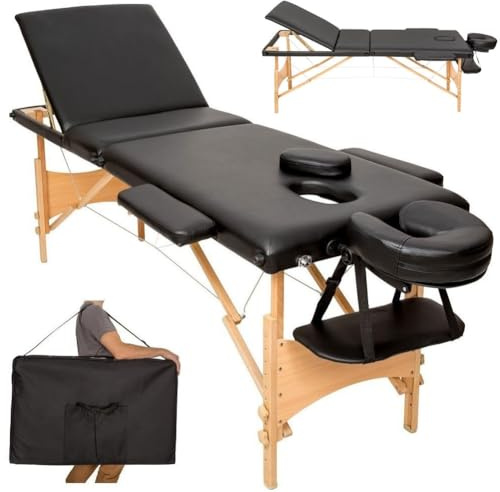 BAKAJI Lettino Massaggio Struttura in Legno Pieghevole 3 ZONE Massaggi Fisioterapia SPA Centro Benessere Estetista Professionale Colore Nero XL LUX con Borsa Trasporto (Struttura in Legno, Nero)