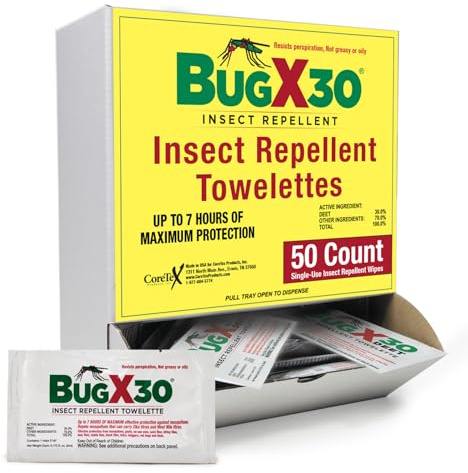 CoreTex Bug X 30 Mosquito, Tick, & Insect Repellent Wipes with 30% DEET - Pack of 50 Single-Use Bug Repellent Wipes for Up to 7 Hours of Reliable Protection Against 12 Types of Biting Insects