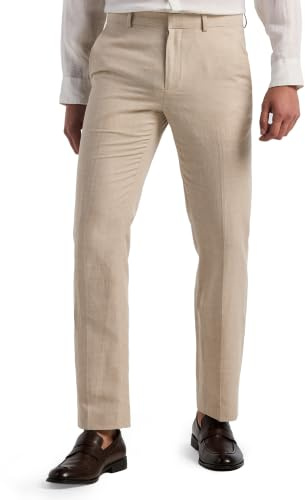 Perry Ellis Men's Linen Blend Dress Pants, Flat Front, Durable Twill, Regular Fit, Breathable & Lightweight, Natural Linen Herringbone, 34W x 30L