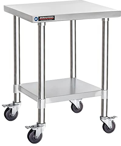 DuraSteel 24x24 NSF Stainless Steel Cart Work Table - Heavy Duty Rolling Food Prep Table - Metal Utility Cart on Wheels Caster, Grill Stand Microwave Outdoor Kitchen Tables Countertop Island Large Top