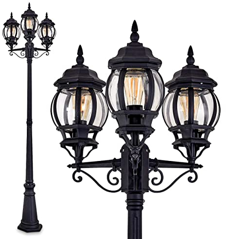 HOFSTEIN Außenleuchte Kobe, Laternen für Draußen im Antiken Look, Kandelaber aus Aluguß in Schwarz mit Kunststoff-Scheiben, 3-armige Wegeleuchte, Outdoor Laterne 230 cm, IP44, 3x E27 Gartenlaterne