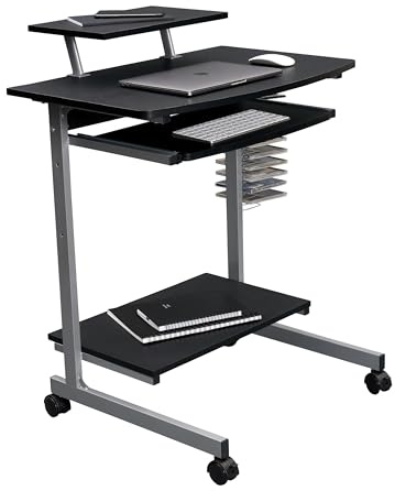 Rolling Mobile Computer Desk/Cart with Storage Shelves, Rolling Working Station for Small Spaces, Printer Shelf
