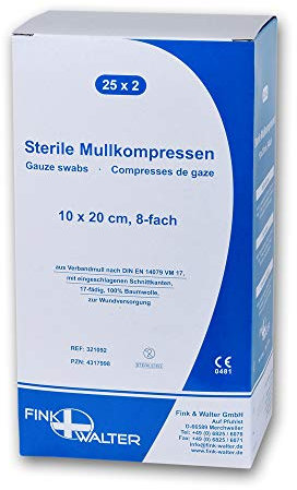 Fink & Walter Mullkompressen steril 10x20cm, 8-fach, VM 17 DIN 14079 BW, 50 Stück