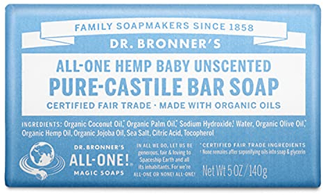 Dr Bronner's 3-in-1 Baby Unscented Pure-Castile Bar Soap, Made with Organic Oils with No Synthetic Fragrances, Used for Face, Body and Hair, Certified Fair Trade & Vegan Friendly, 140g Bar