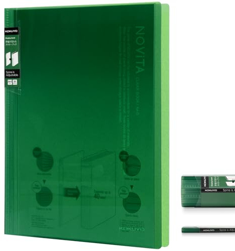 Kokuyo 20-Pocket Binder with Plastic Sleeves 8.5x11 (Green), A4 and US Letter Expandable Art Portfolio Folder with Clear Sheet Protectors. 40 Pages of Presentation Display Book. (RA-N20G)