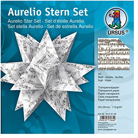 Ursus 34135100 - Faltblätter Aurelio Stern Noten, schwarz, 33 Blatt, aus Transpatentpapier 115 g/qm, ca. 20 x 20 cm, einseitig bedruckt, ideal als Weihnachtsdeko