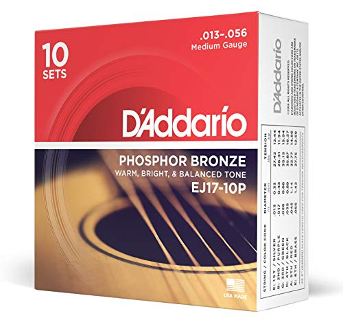 D'Addario Corde Chitarra Acustica | Corde per Chitarra Acustica | Corde Acustica | EJ17-10P Set Corde Acustica EJ Phosphor BRZ RND WND, Confezione da 10, 13-56