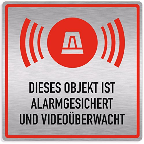 Schild Alarmanlage Objekt alarmgesichert und videoüberwacht, edle Optik, silber gebürstet, Aluverbund, 20x20cm