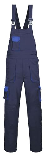 Portwest TX12 Texo Contrast Hängselbyxa Arbetsoverall 10 Fickor Andningsbar | Marinblå, S, UPF 40+, Normal Passform, Unisex, 35% Bomull, Elastisk Midja, Knäskyddsfickor och Lårfickor, 65% Polyester