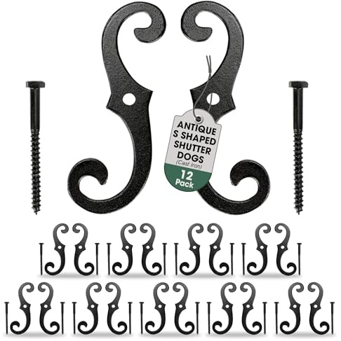 Renovators Supply Decorative S Style Shutter Dogs - Rust Resistant Powder Coated External Shutter Tieback Hardware with Mounting Screws - 6.5 Inches, Cast Iron (Pack of 12 Pairs)