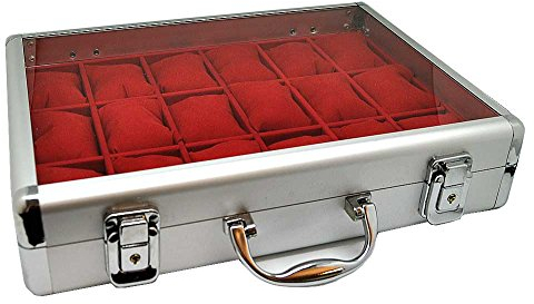 Alu Uhrenkoffer für 18 Uhren Uhrenbox Schaukasten Uhrenkasten ROT 4736