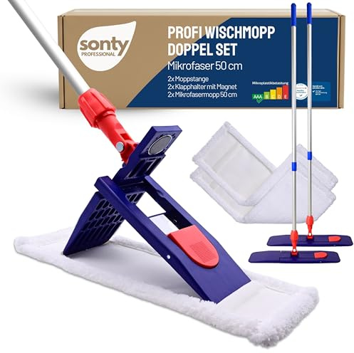 SONTY Professionell mopp 50 cm 2-pack – Golvmopp med magnetisk hållare, 50 cm mikrofiberduk & justerbart teleskopskaft i aluminium – För städning, restaurang & hårda golv