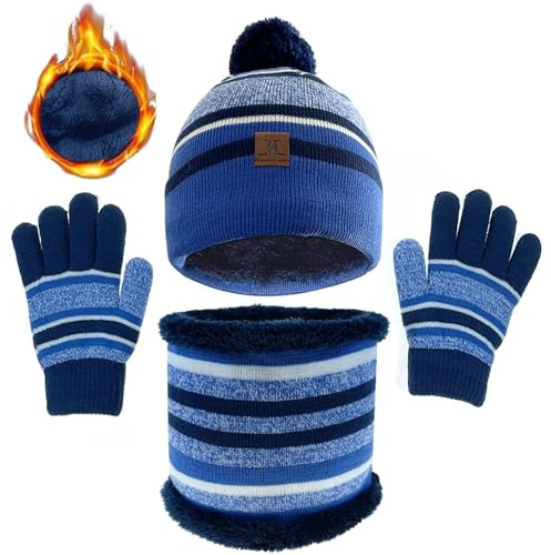 JFAN 3 en 1 Chaud Tricot Bonnet Enfant Hiver Chapeau Echarpe Gants Ensemble Lot de 5 Motifs Rayures Mignonne Multicolore Ski Cap Taille unique Bleu rayé