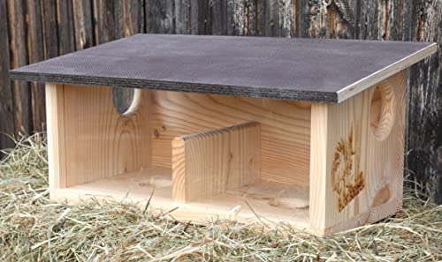 XXXL Eichhörnchen Futterhaus aus hochwertigem Lärchenholz, deutsches Qualitätsprodukt, von Hand gefertigt im Bayerischen Wald zum Stellen oder aufhängen (3 x von Hand witterungsbeständig Imprägniert)