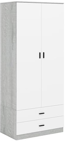 URBNLIVING Tall 2 Door Bedroom Wardrobe With 2 Drawers (Ash Grey Carcass + White Drawers)