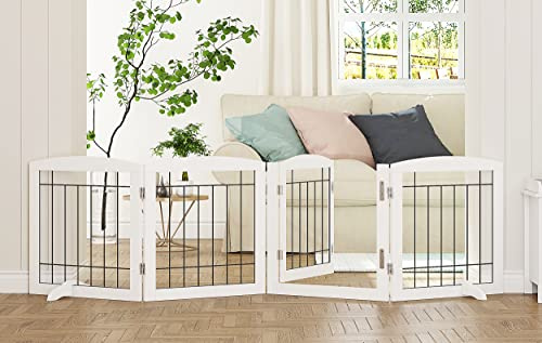 PAWLAND Freestanding Dog gate with Walk Through Door, Dog Gates for Doorways, The House, Stairs, 80 Wide Pet Puppy Safety Fence with Support Feet, 4 Panels, White
