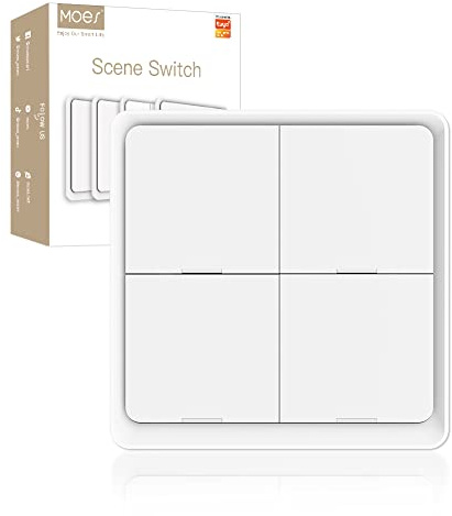 MOES Wireless Smart Scene Switch Button, Require MOES HUB, Zigbee Connection Tuya Battery Powered Included 12 Scene Controller Light Switch for Smart Home Automation 4 Gang White