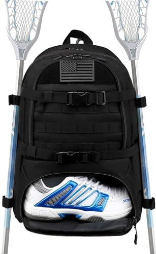 SunForMorning Lacrosse Bag Large Tactical Lacrosse Equipment Backpack with External Buckle Straps to Fix Helmet & Separate Shoe Compartment Holds All Field Hockey Gears, Black
