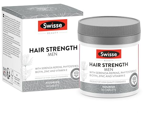 SWISSE Fuerza del Cabello Hombres - Suplemento con Biotina para el Cabello Hombre con Zinc y Vitamina E 30 Comprimidos, Complemento con Vitaminas para el Cabello Fuerte Acción Nutritiva