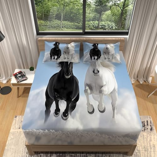 Spannbetttuch-Set Tiere Rennendes Pferd Bedrucktes, 180 x 200 cm Weiches Microfaser Spannbettlaken Für Kinder Teenager, Hellblau Tiefe Tasche Spannbetttucher Mit 2 Kissenbezügen