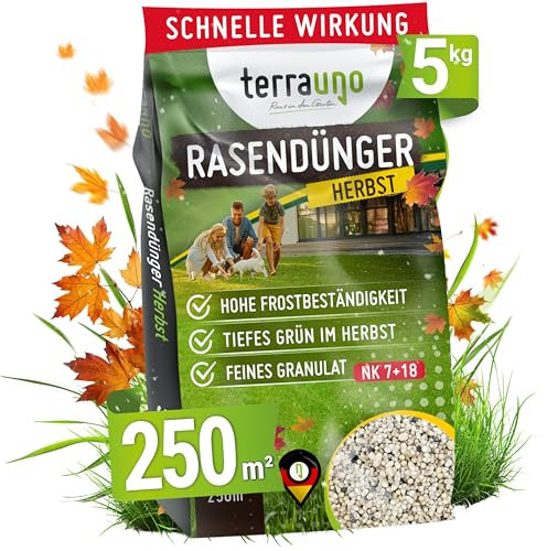 TerraUno Herbstdünger Rasen, mit extra Kalium für Winterschutz, Rasendünger Herbst, 5 kg für 250 m², Herbstrasendünger für schnelles & tiefes Grün, Staubarm, Herbst Rasendünger für den Streuwagen