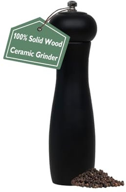 ManGotree Wooden Pepper Mill Salt Mill 8 inch, Pepper Grinder Salt Grinder with Adjustable Ceramic Rotor, Manual Wood Pepper Grinder Salt Mill for Kitchen 1 Pack (Black)