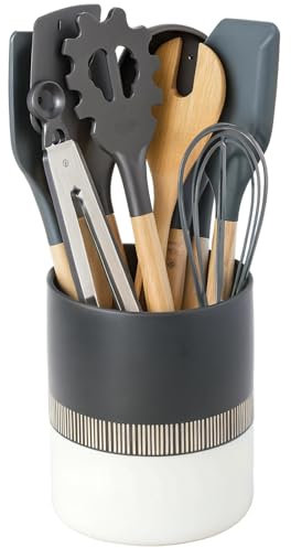 Toski Küchenutensilienhalter Keramik Groß, 13,2 x 15,9 cm Besteckhalter für Arbeitsplatte, Minimalistischer Stil Utensilienhalter für Küche Aufbewahrung, Goldene Streifen Besteckkorb, Schwarz und Weiß