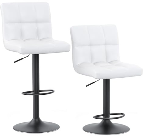 bigzzia Lote de 2 taburetes de Bar giratorios en Cuero sintético Ajustables en Altura con Respaldo para desayunador, mostrador, Cocina y hogar - Blanco