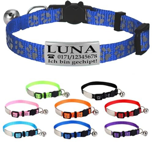 Ibera gifts - Katzenhalsband Personalisiert, Katzenhalsband mit Namen Für Katzen mit Sicherheitsverschluss Selbstöffnend, Reflektierend (Blau)