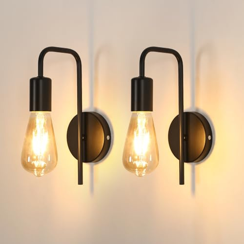 Osairous Applique Murale Vintage 2 Pack, Lampe Murale Intérieur Industrielle, Spot Mural Fer Rétro pour Chambre Couloir Bar, E27, IP20, Tout Noir, Sans Ampoule