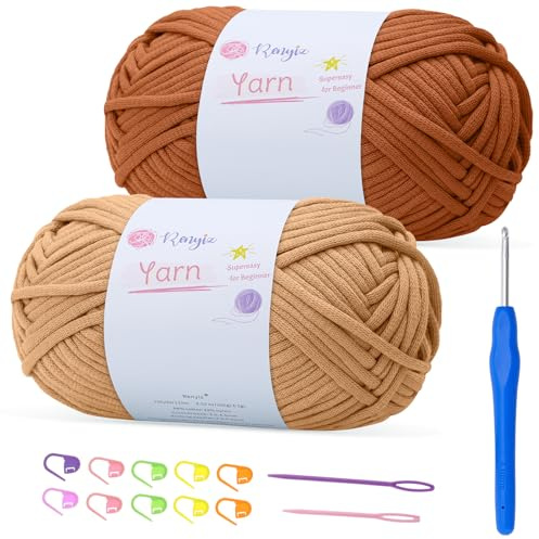100gx2 Chunky Cotton Crochet Yarn with 4mm Hook, Soft Non-Split Thick Yarn for Amigurumi DIY Gifts, Home Decor, Beginner Projects (Brown+Camel)
