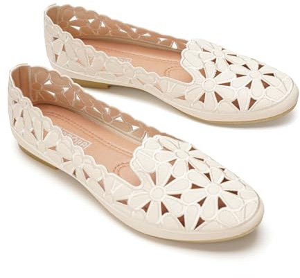 GLAMORA Ballerines à semelle ajourée pour femme, design floral, couleur crème, chaussures plates avec découpes