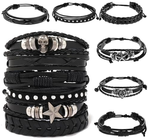 CoguZed 6 Pack Leather Punk Bracelets – Gothic Studded Cuff with Spike Rivets, Adjustable Wristband for Men & Women (ayered Alternative Jewelry for Daily/Party Wear