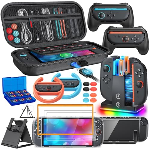 Switch 2 Accessories, Bundle Case for Nintendo Switch 2, 23-IN-1 Kits: Carrying Case, Controller Charger Dock, Grips for Joy Con,Steering Wheels for Mario Kart,Protective Cover for Switch 2 (Black)