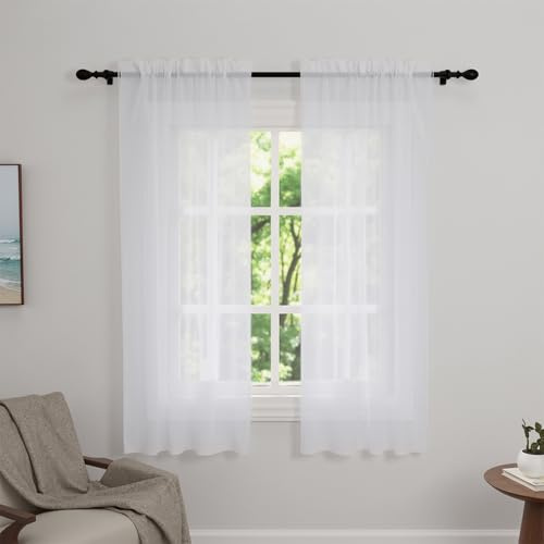 Zdada Net Curtains for Windows 45 Drop, White Slot Top Voile Curtains, Semi Transparent Sheer Curtain Net Curtain Panel for Living Room Kitcken W60xL45 Inch,2 Panels