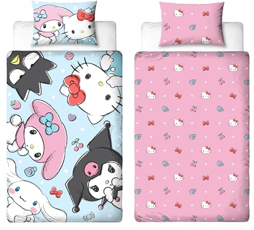 Hello Kitty officiellt påslakanset för enkelsäng | Sockerdesign | vändbart 2-sidigt bäddskydd | Officiella varor inklusive matchande örngott | Polycotton | flerfärgad