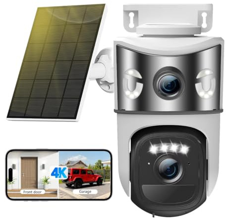 4K Camera Surveillance WiFi Extérieure Sans Fil,Double Objectif Caméra Solaire Extérieur Batterie avec Panneau,355° PTZ Sécurité à Domicile,Vision Nocturne,Suivi Automatique,Audio Bidirectionnel,IP66