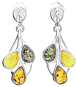 Boucles d'oreilles pendantes en argent sterling 925 avec motif feuille d'ambre mélangée - Pour femme/adolescente/fille - Mixte ambre jaune et vert - 11 mm de large x 29 mm de haut. 070386
