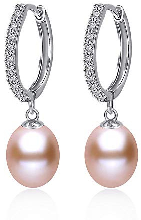 'Kim Johanson Perle Orecchini da donna * Nora * in argento Sterling 925 con Vere Perle d' acqua dolce rosa & zirconi e brillantini, Orecchini fatti a mano con gioielli sacchetto