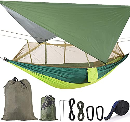 ele ELEOPTION Hamac avec moustiquaire, Ultralight Étanche Nylon Portable Hammack Bâche Tente Tissu de Pique-Nique, Hamac Suspendu avec Sangles d'arbre pour l'extérieur/randonnée/Voyage (Colorblock)
